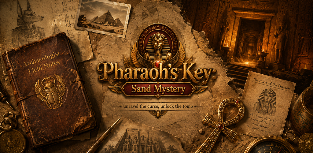 Pharaoh's Key: Sand Mystery key art showing the desert tomb puzzle setting
